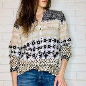 2 for $10 ITEM - Calvin Klein Tan Geo Print Button Down Long Sleeve Blouse